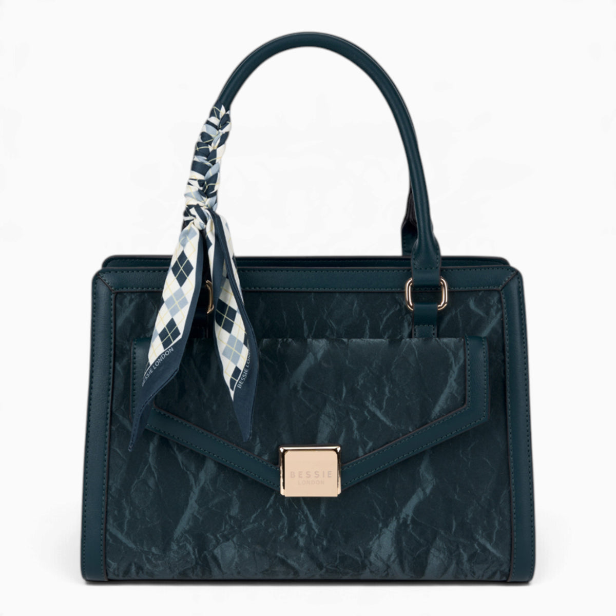 Blue velvet-effect flap tote bag with a matching scarf