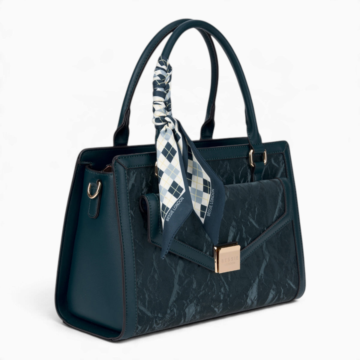 Blue velvet-effect flap tote bag, angled view showing the flap top and scarf