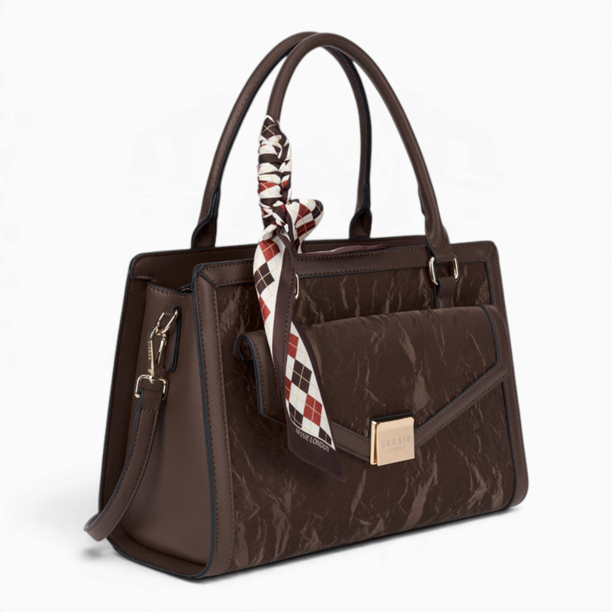 Coffee velvet-effect flap tote bag, angled view showing the flap top and scarf