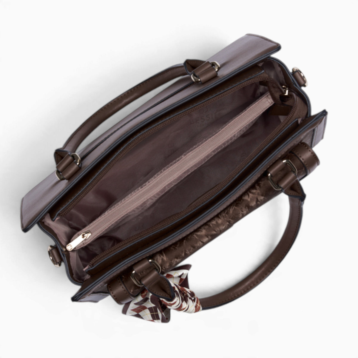 Coffee velvet-effect flap tote bag opened to show the zipped divider and middle sections
