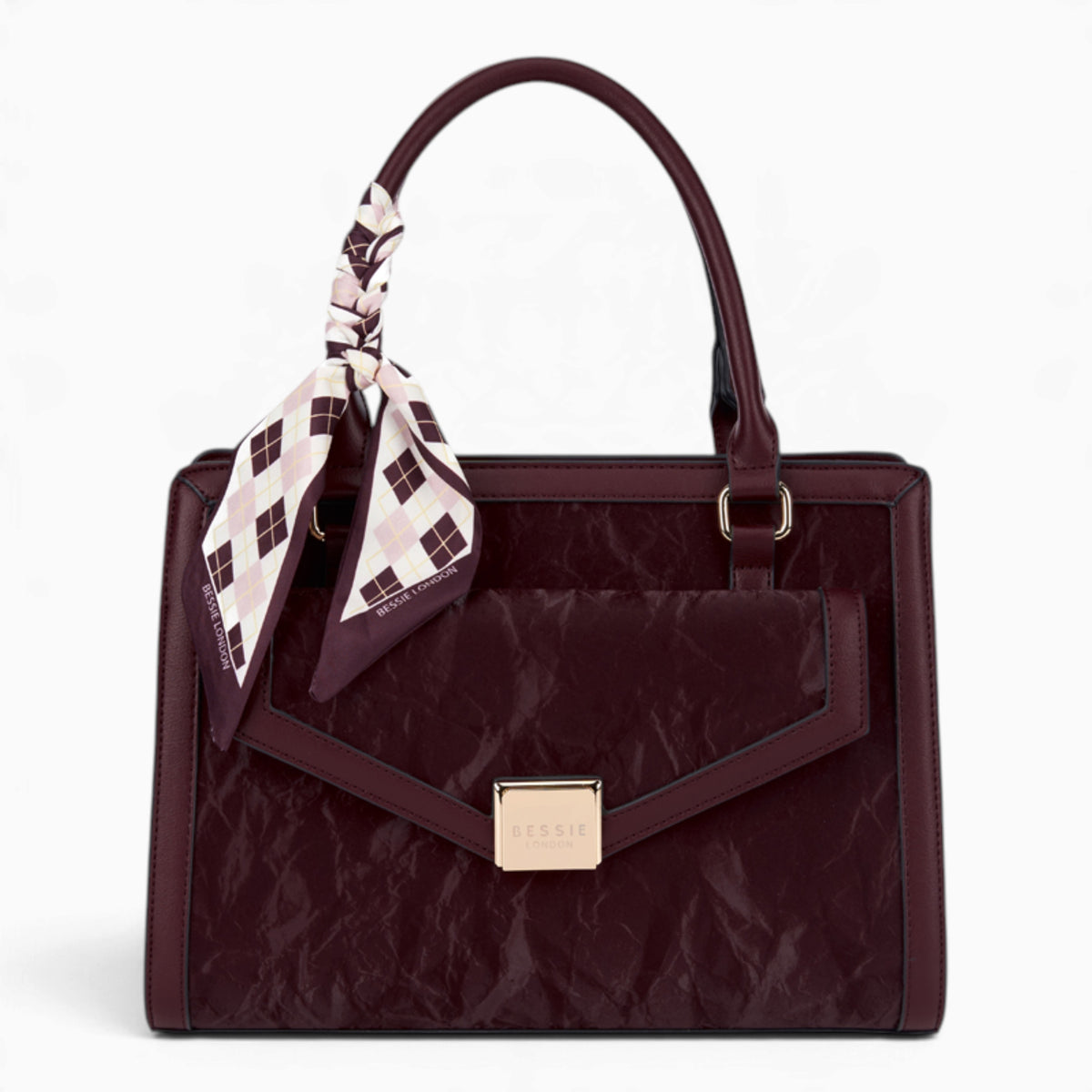 Wine velvet-effect flap tote bag with a matching scarf