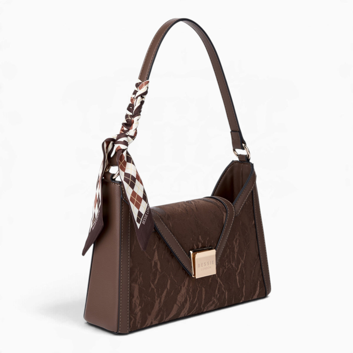 Coffee velvet-effect underarm crossbody bag, angled view showing the flap top and scarf