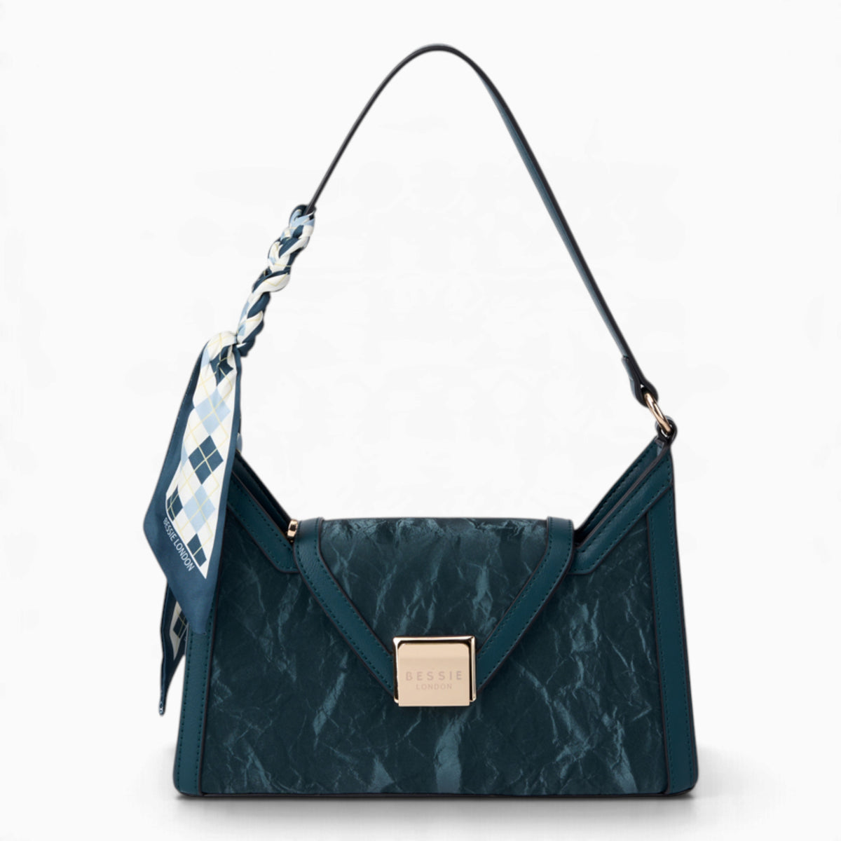 Blue velvet-effect underarm crossbody bag with a flap top and matching scarf