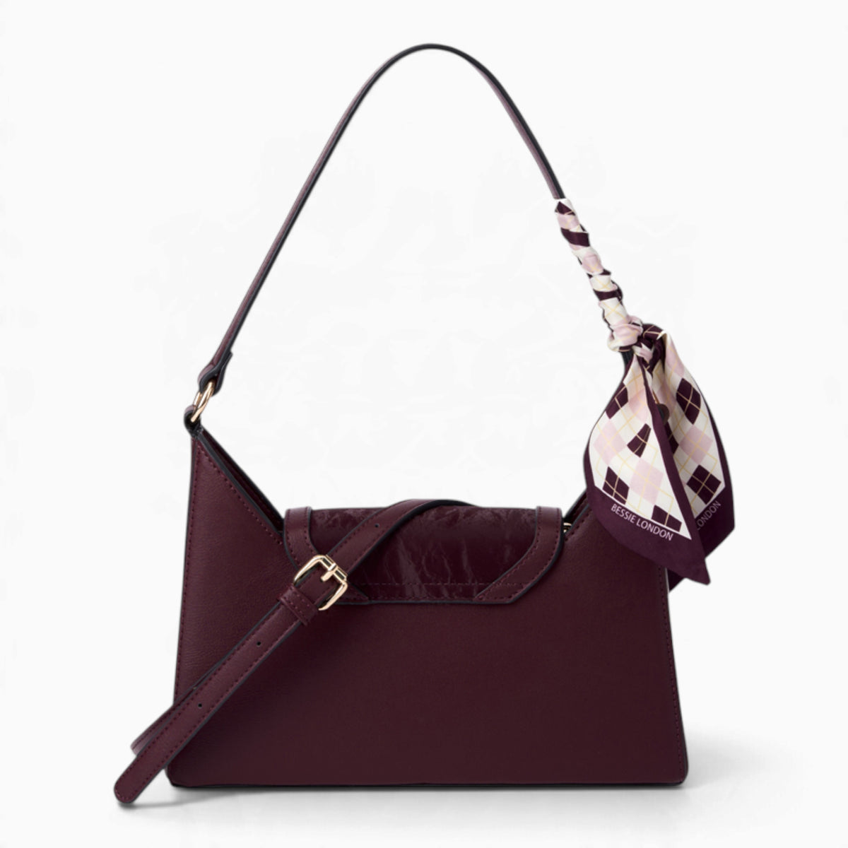 Wine velvet-effect underarm crossbody bag from the back, showing the smooth back panel