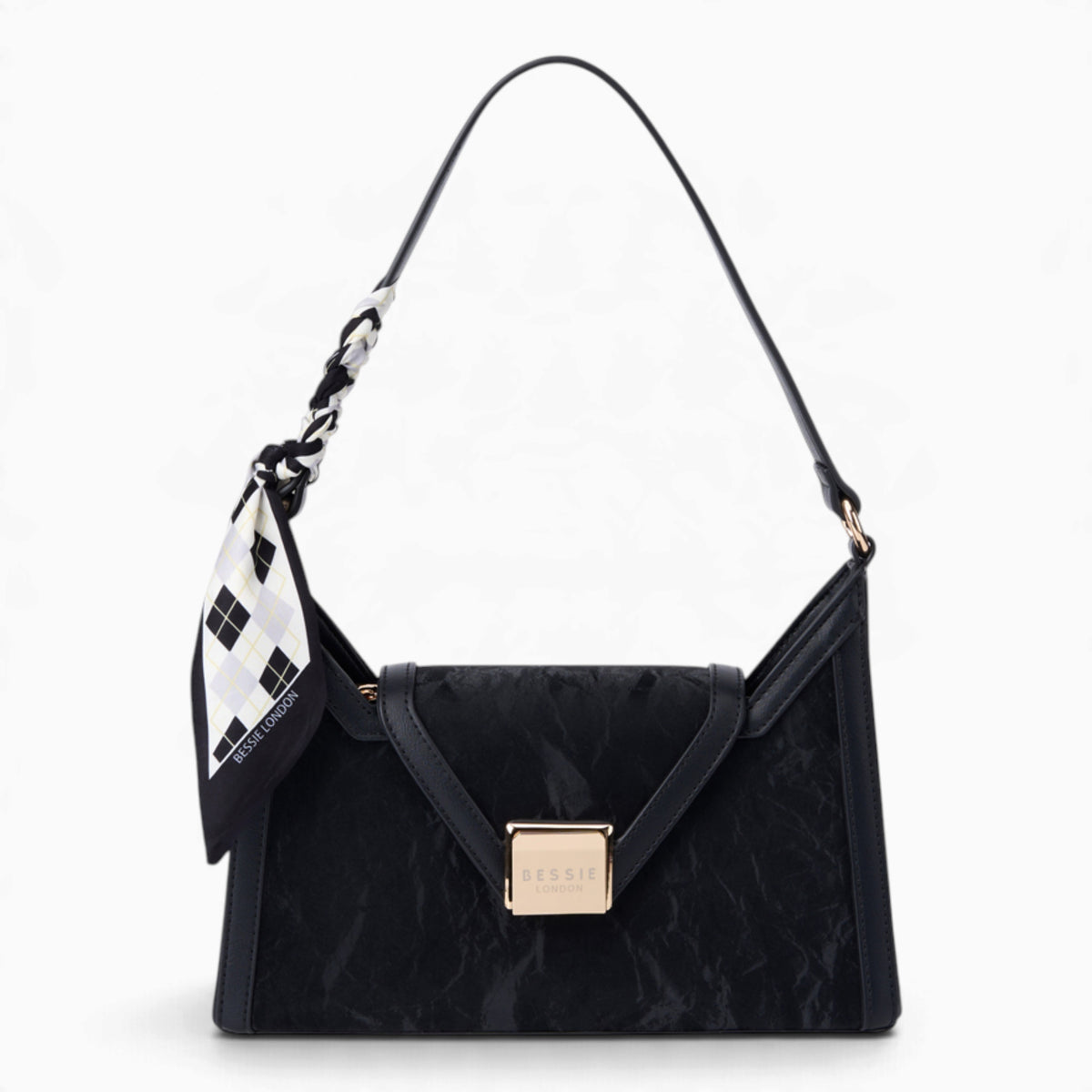 Black velvet-effect underarm crossbody bag with a flap top and matching scarf