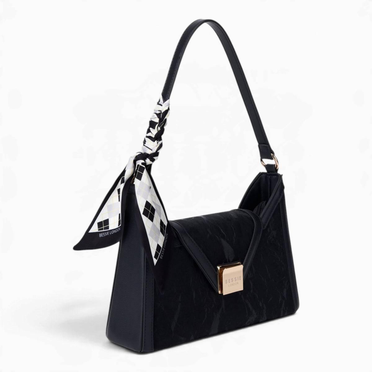 Black velvet-effect underarm crossbody bag, angled view showing the flap top and scarf