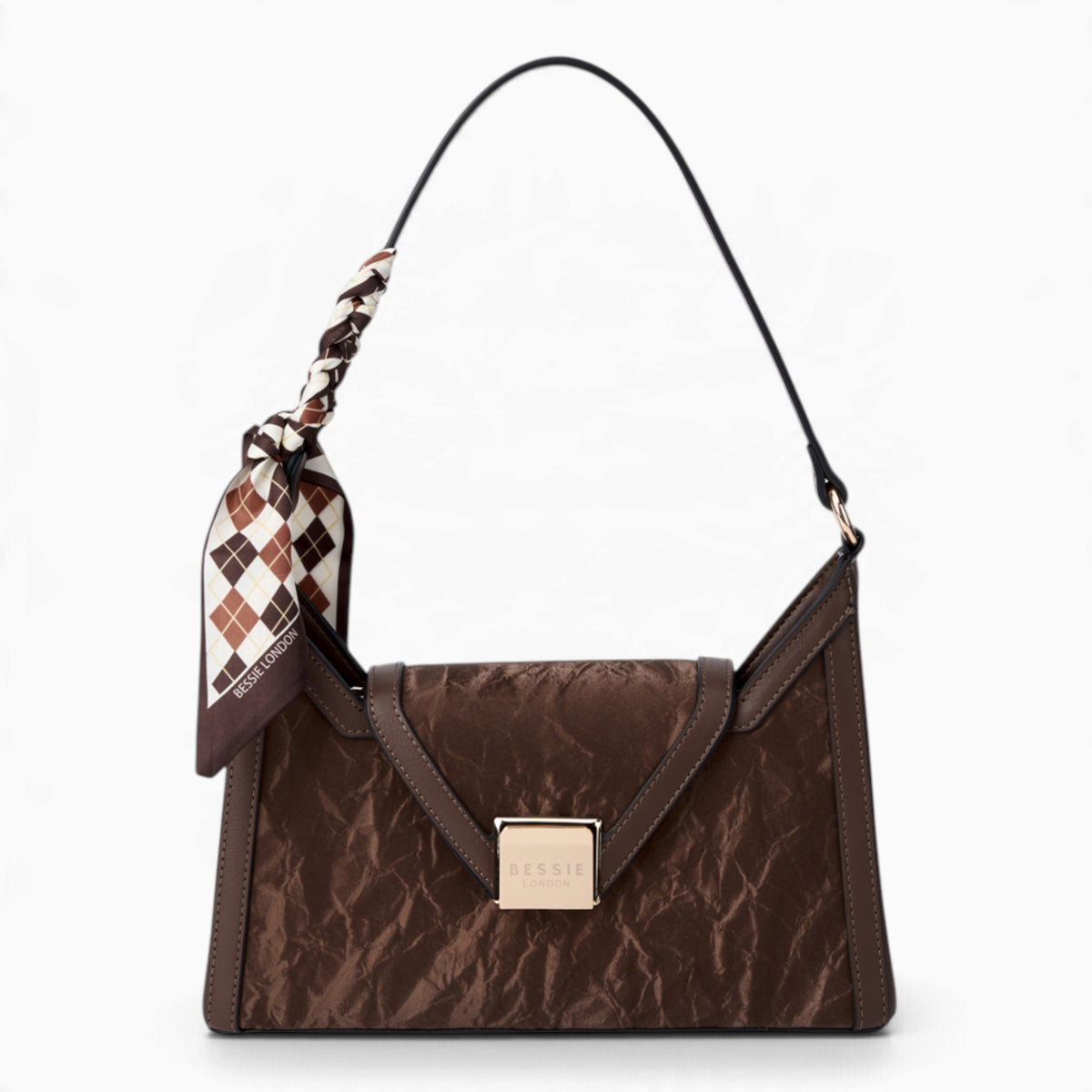 Coffee velvet-effect underarm crossbody bag with a flap top and matching scarf