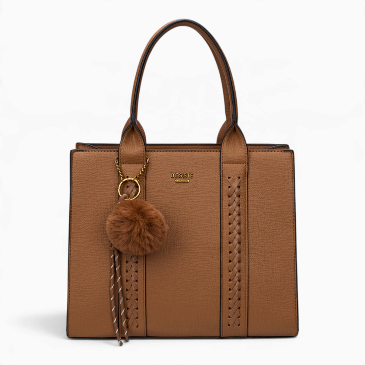 Tan pebble textured tote bag with a pom-pom charm