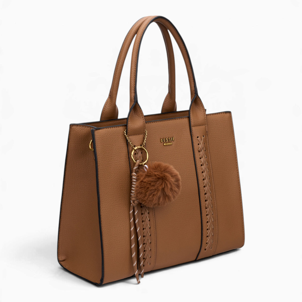 Tan pebble textured tote bag, angled view showing the pebble texture and charm