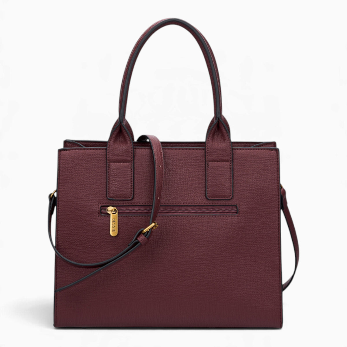Wine pebble textured tote bag from the back, showing the rear zipped pocket