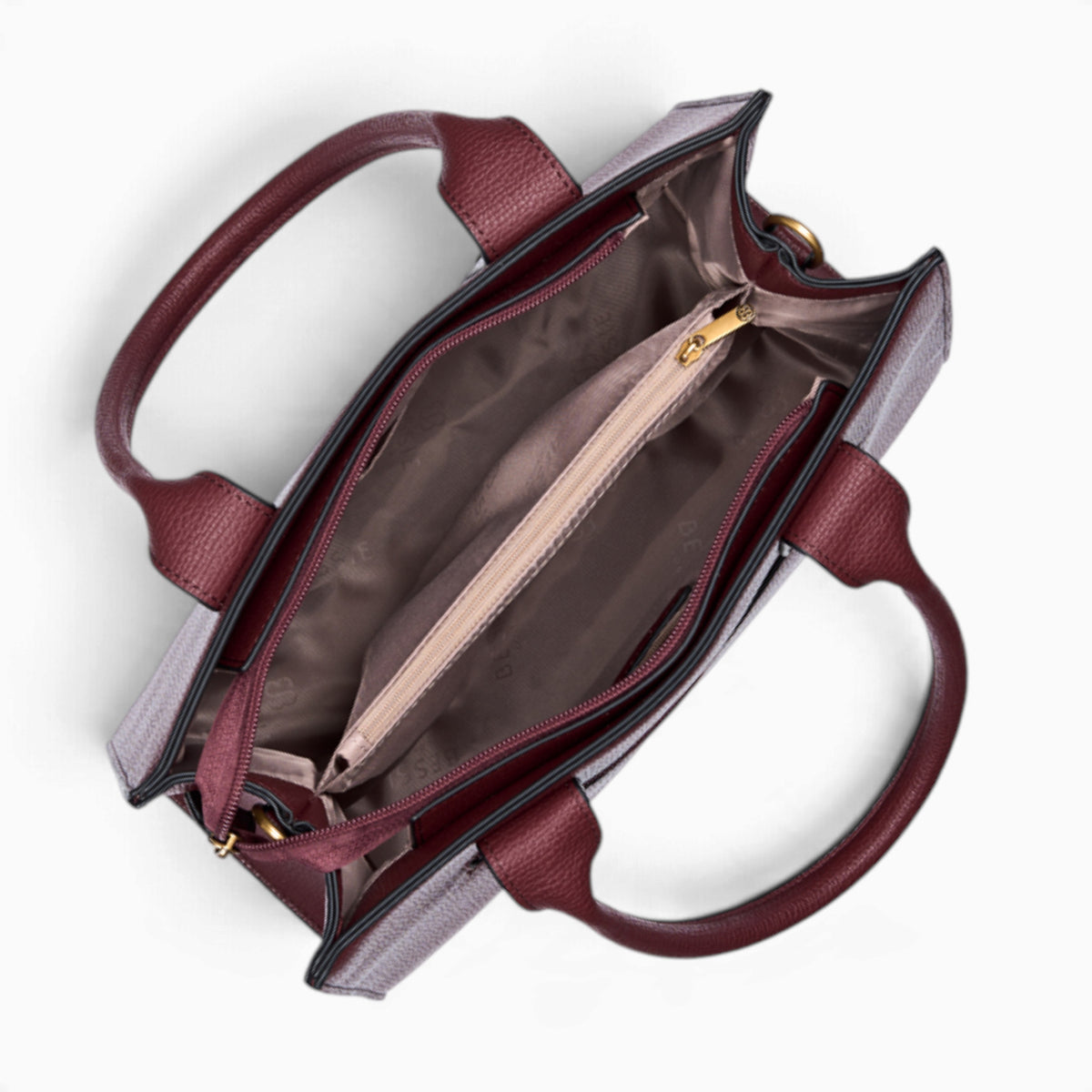 Wine pebble textured tote bag opened to show the zipped divider and middle sections