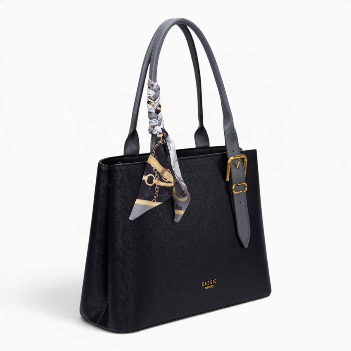 Black minimalist everyday tote bag, angled view showing the structured shape and scarf