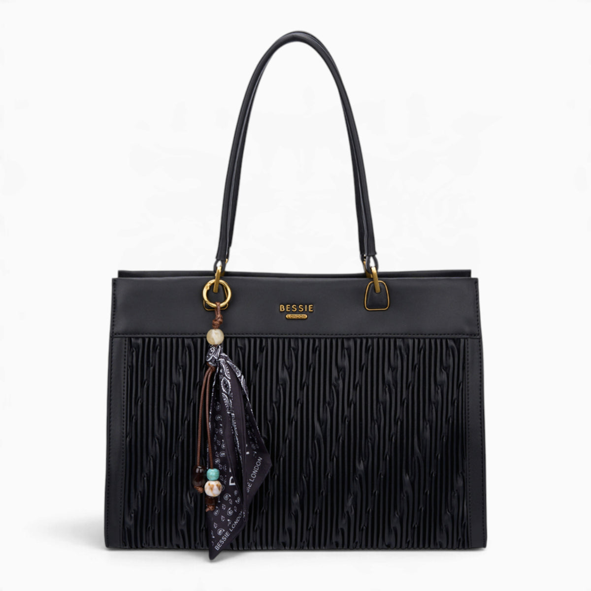 Black woven wave panel shoulder bag with a scarf accent