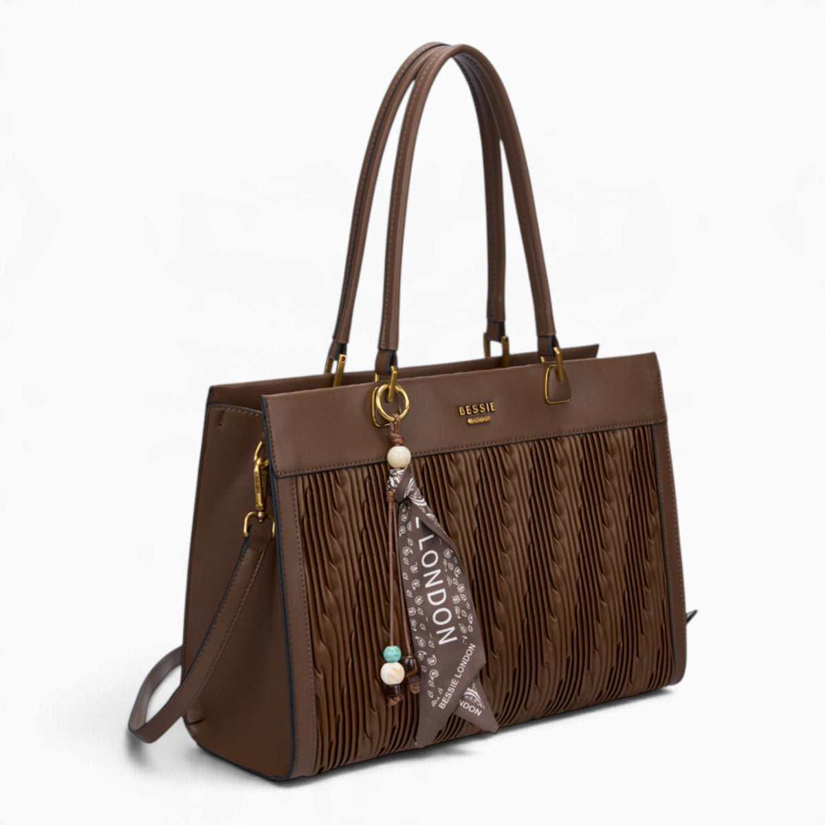 Coffee woven wave panel shoulder bag, angled view showing the woven wave panel and scarf