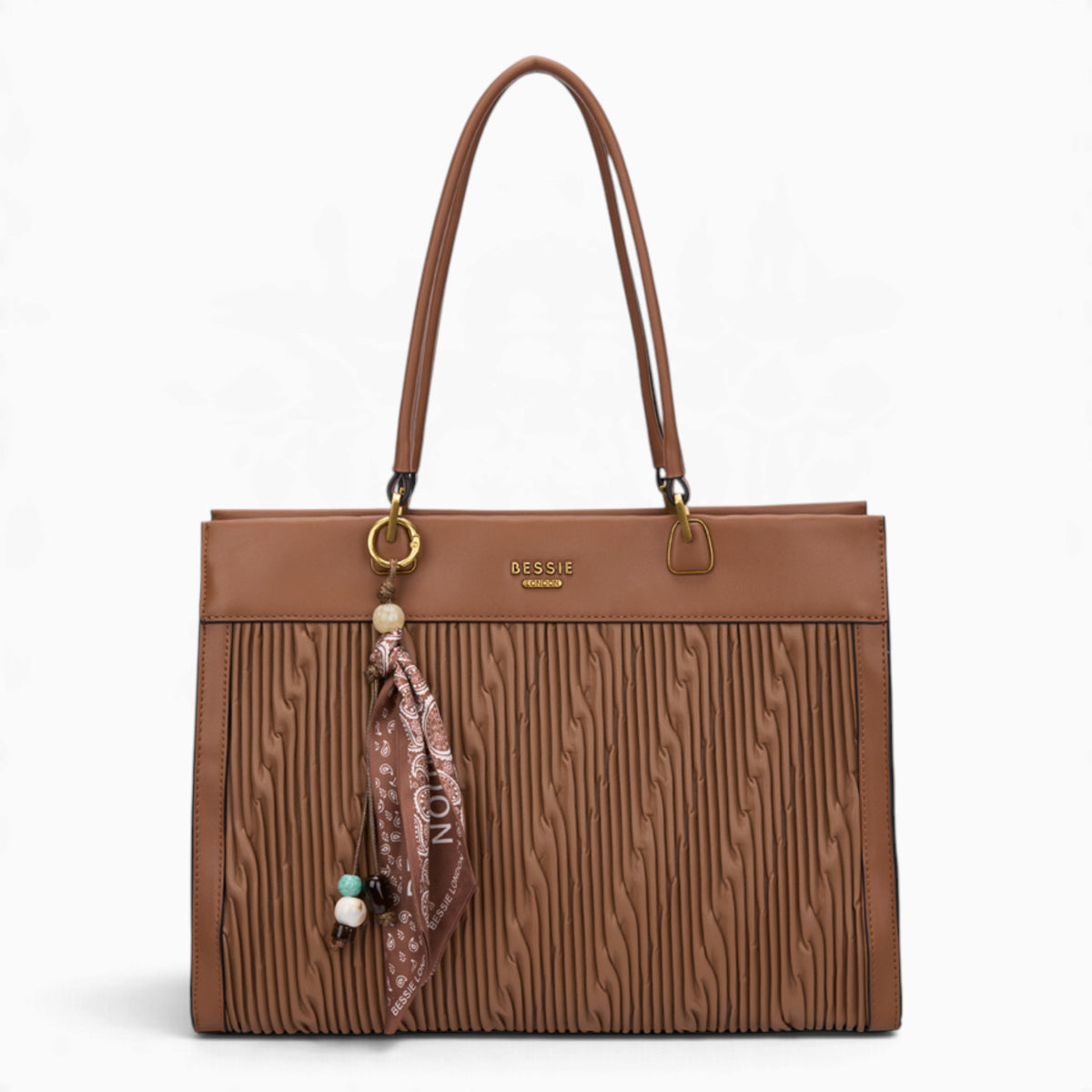 Tan woven wave panel shoulder bag with a scarf accent