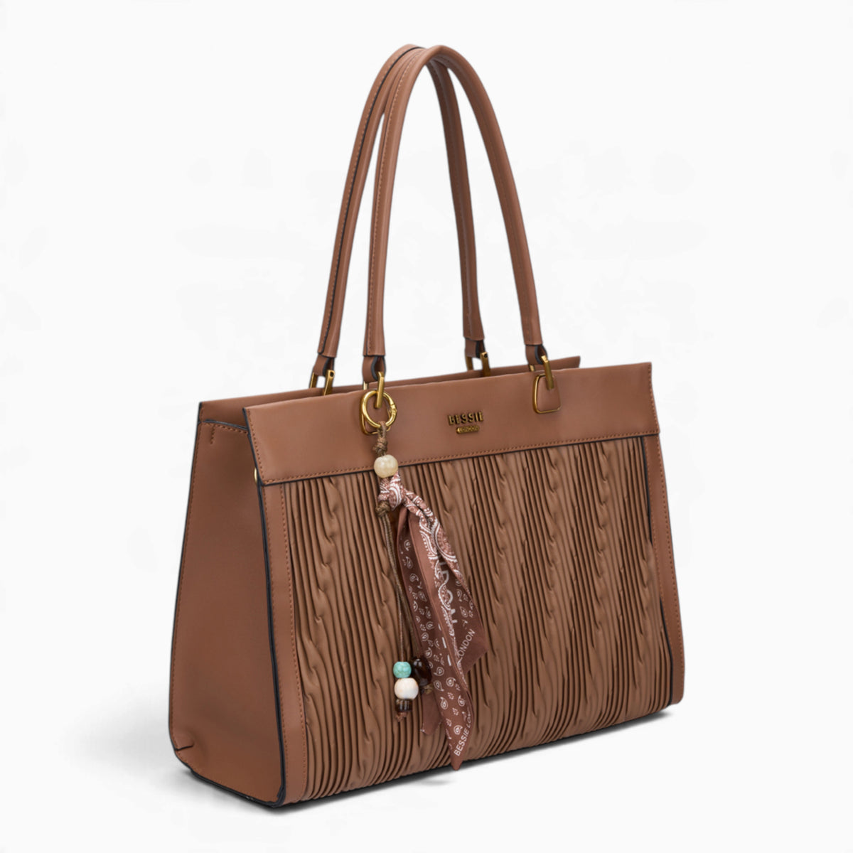 Tan woven wave panel shoulder bag, angled view showing the woven wave panel and scarf