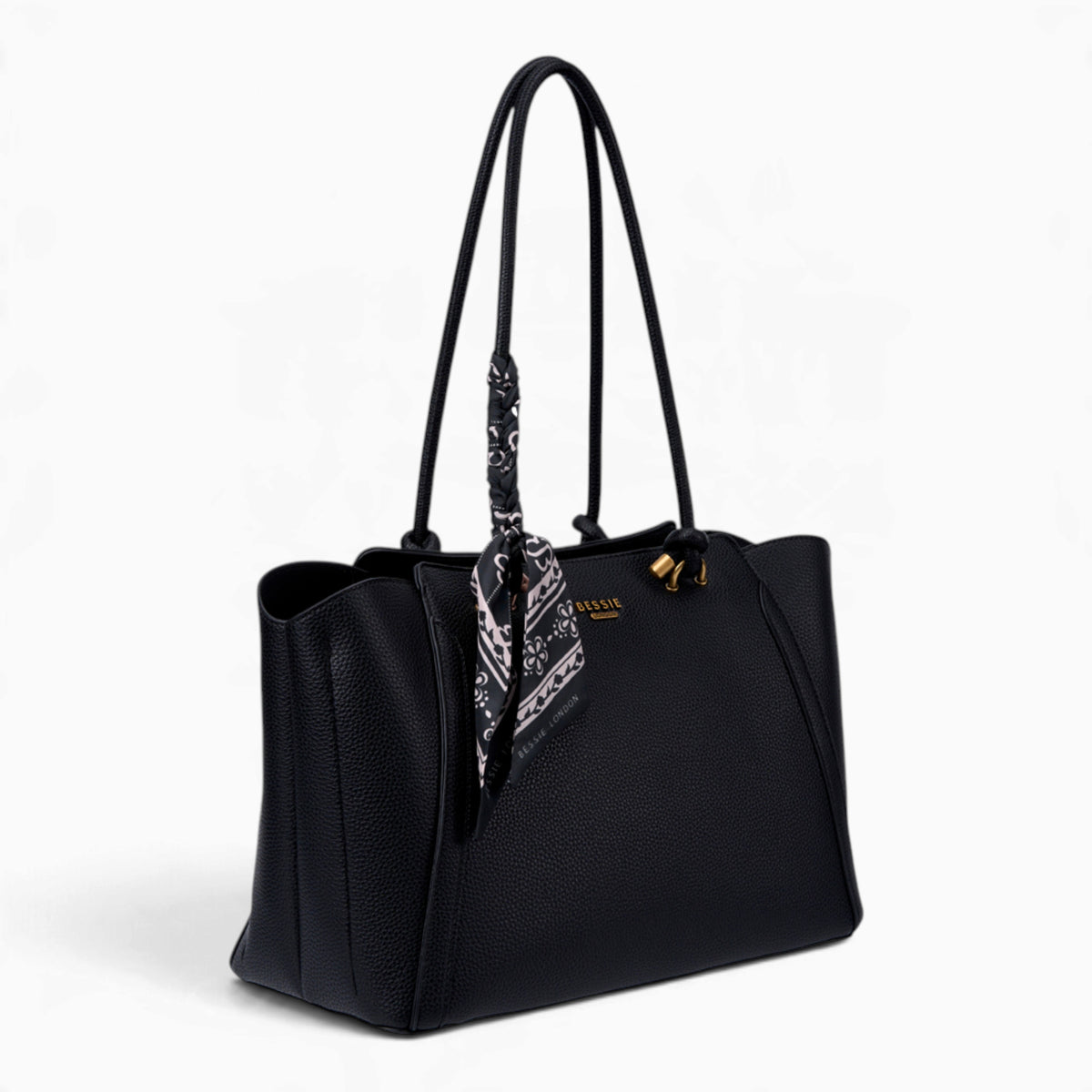 Black knot handle shoulder bag, angled view showing the knot handle detail