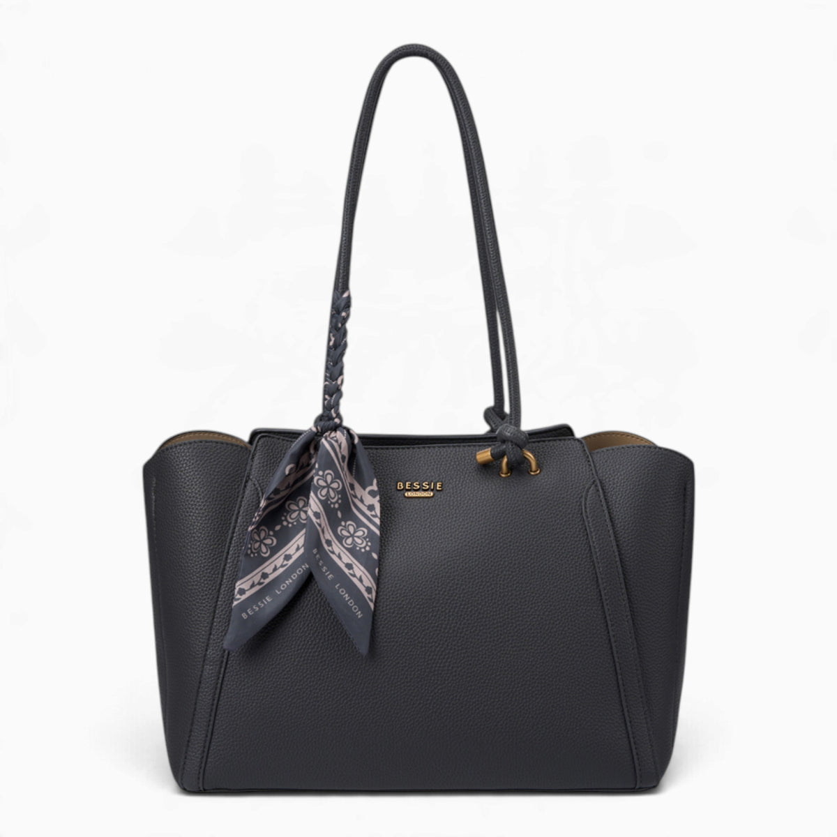 Grey knot handle shoulder bag with a scarf accent