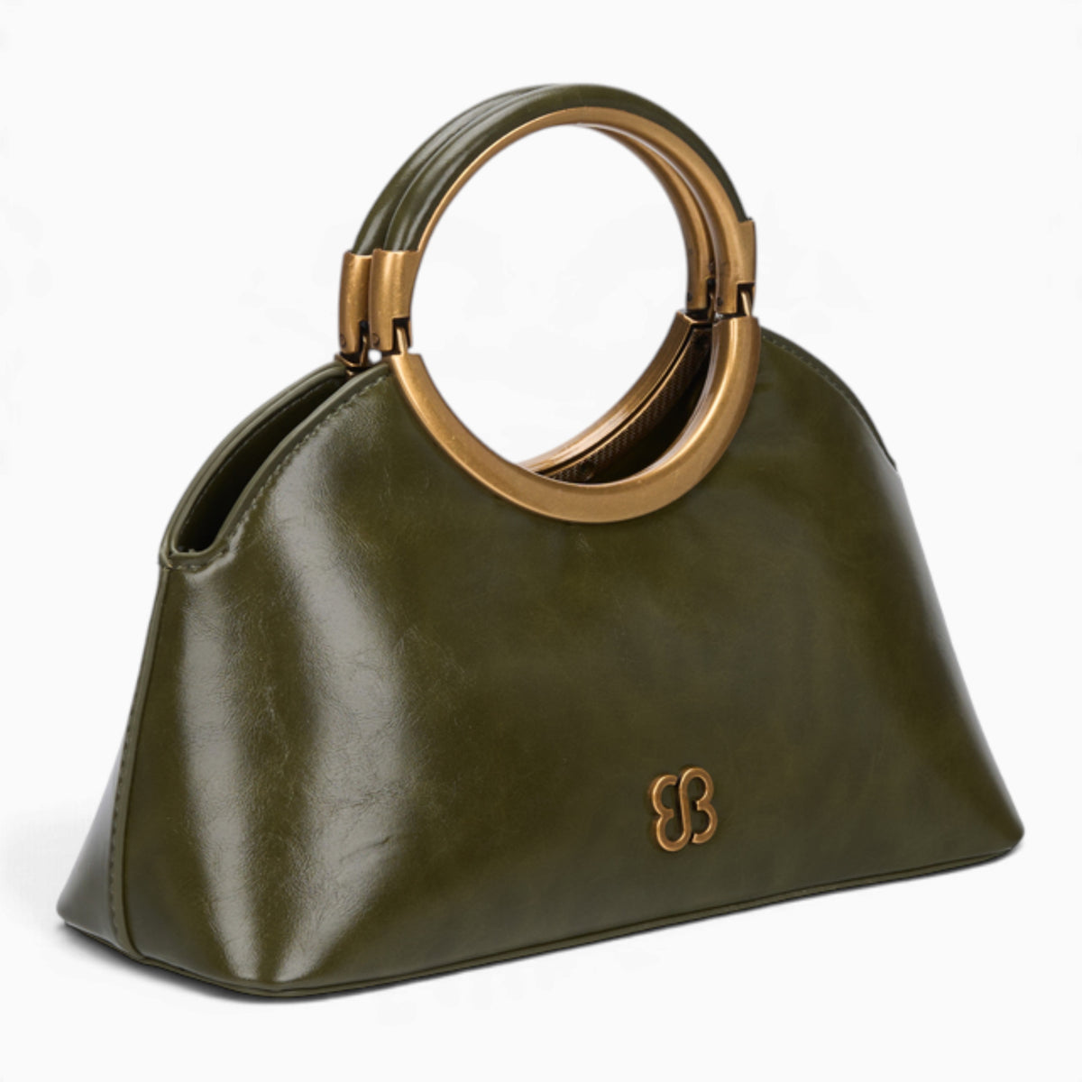 Green ring handle crossbody bag, angled view showing the sculptural ring handle