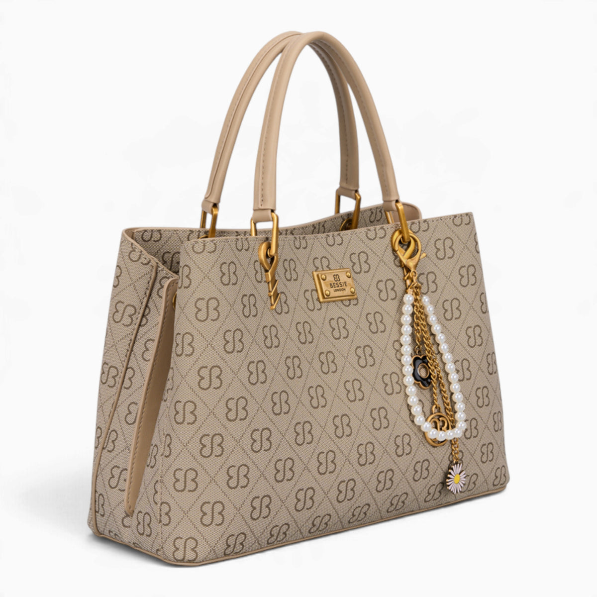 Khaki monogram grab bag, angled view showing the monogram print and charm