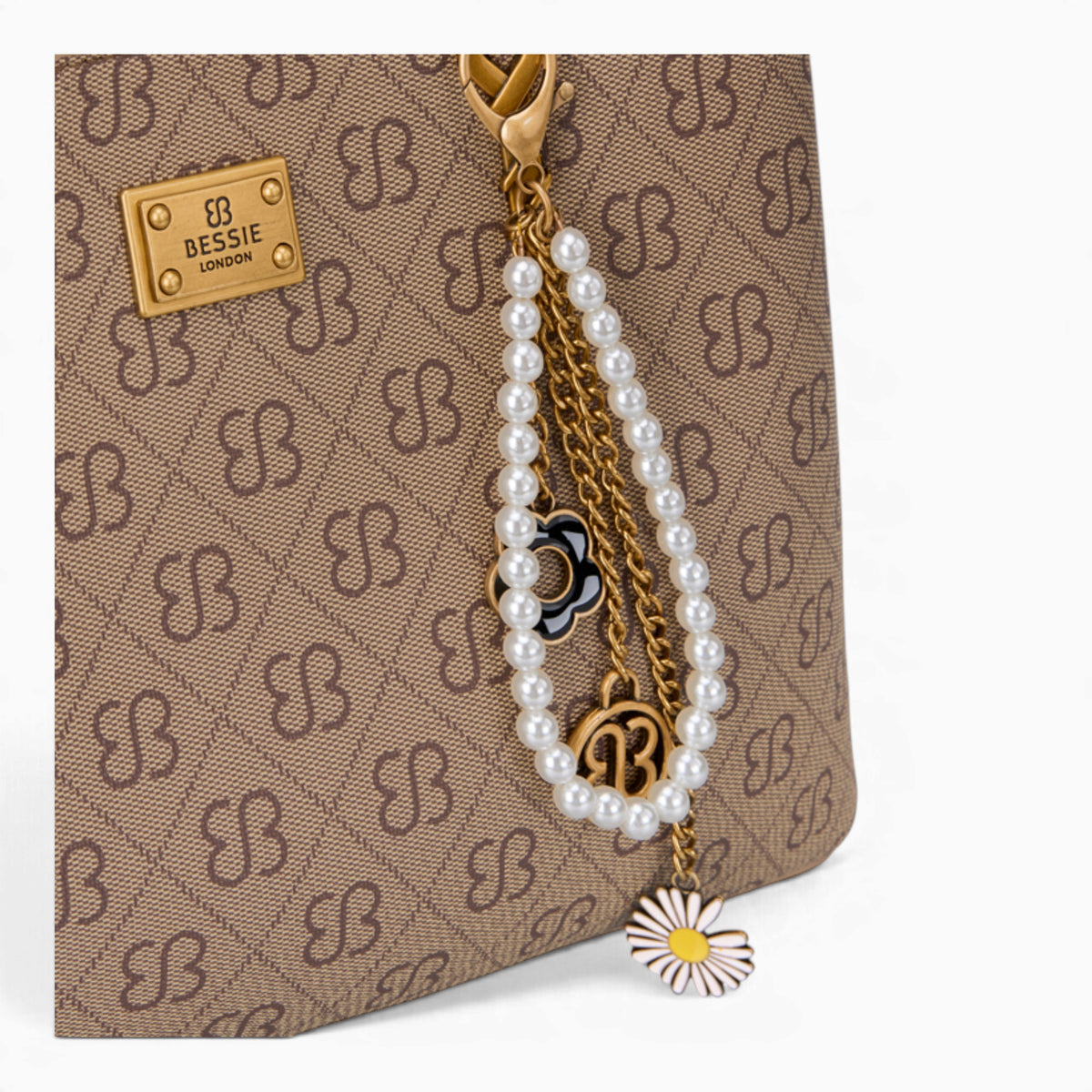 Tan monogram grab bag, close-up of the bag charm and monogram print