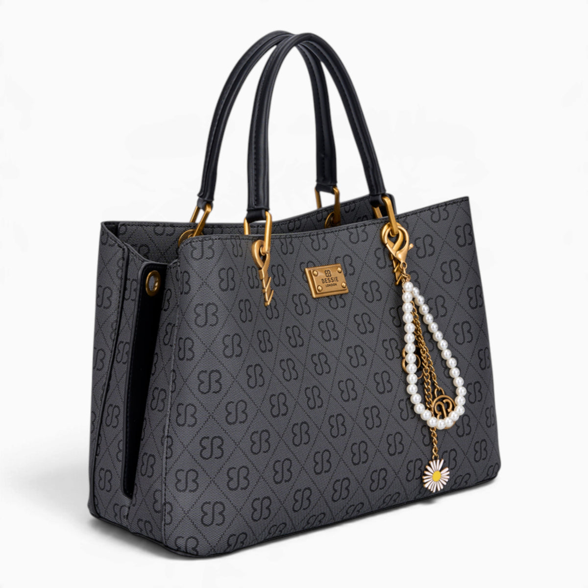Black monogram grab bag, angled view showing the monogram print and charm