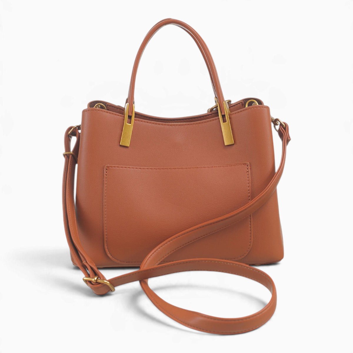 Tan faux leather tote bag with its detachable shoulder strap attached