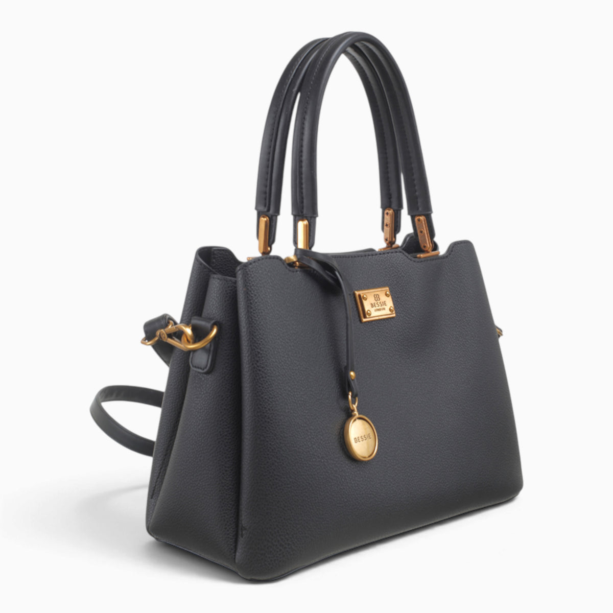 Black structured tote bag, angled view showing the structured shape and charm