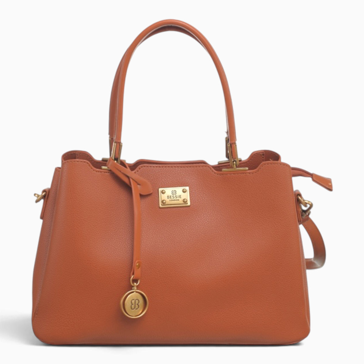 Tan structured tote bag with a circular brand charm and gold-tone hardware