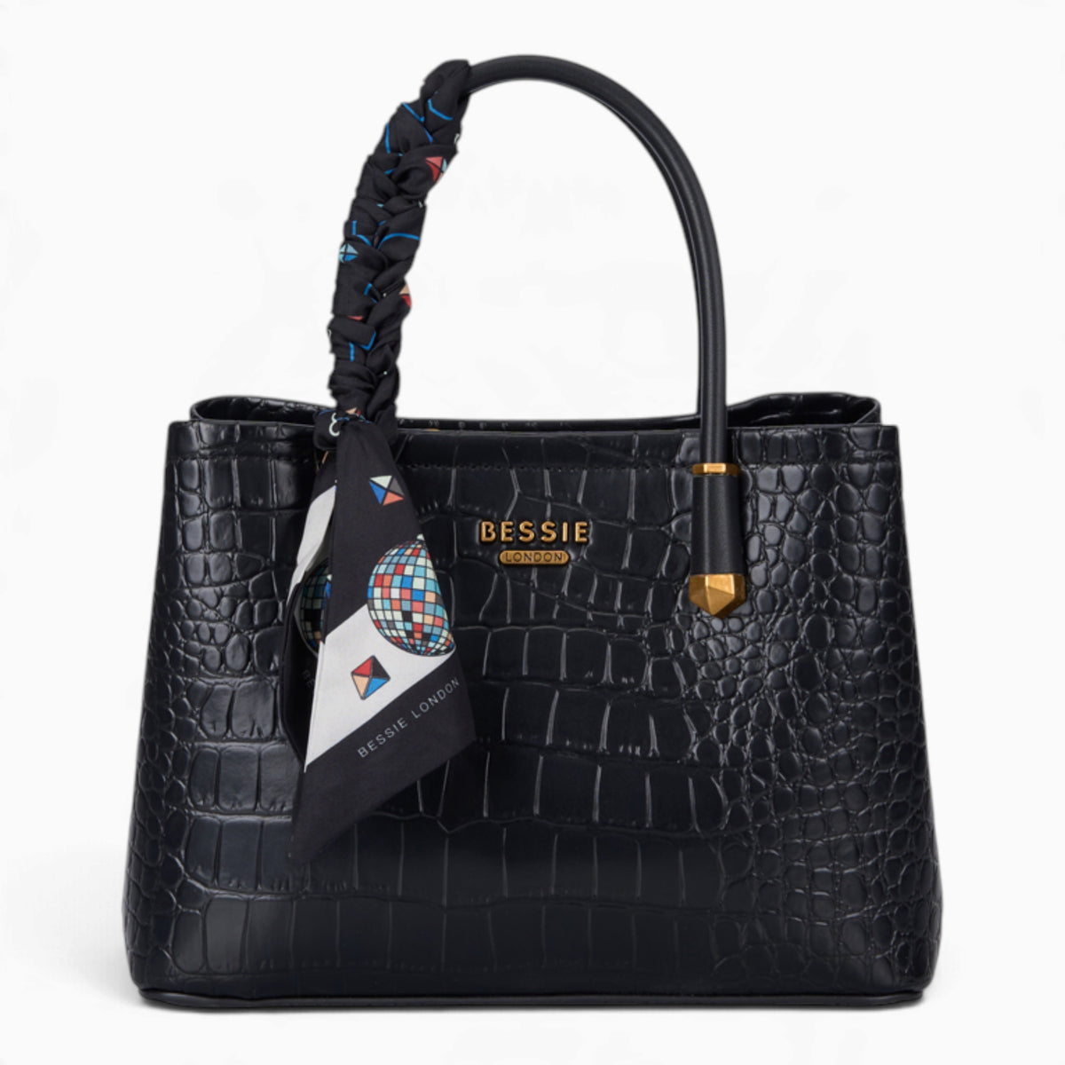 Black croc-effect tote bag with a matching scarf
