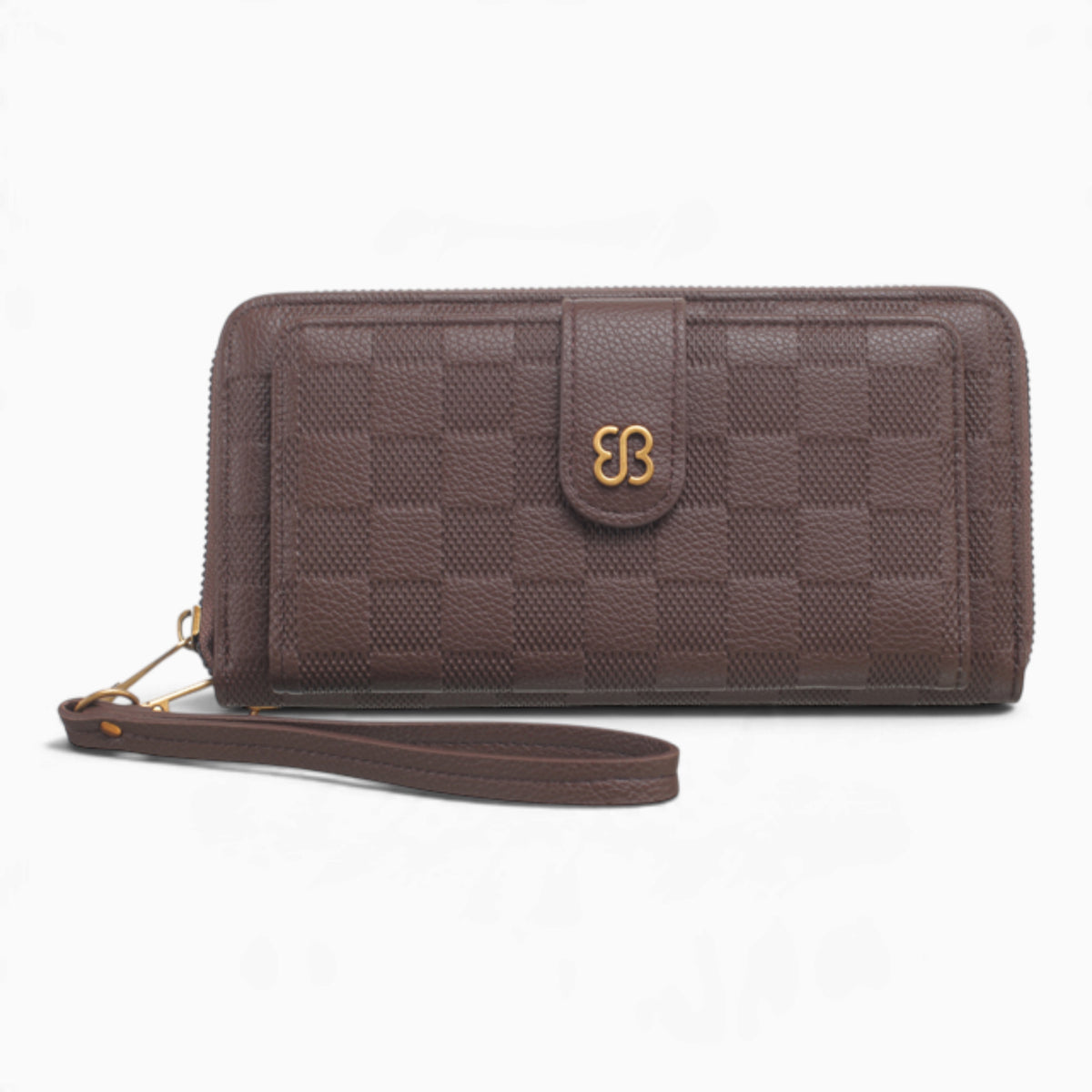 Coffee checkerboard flap wallet with an embossed checkerboard and wrist strap