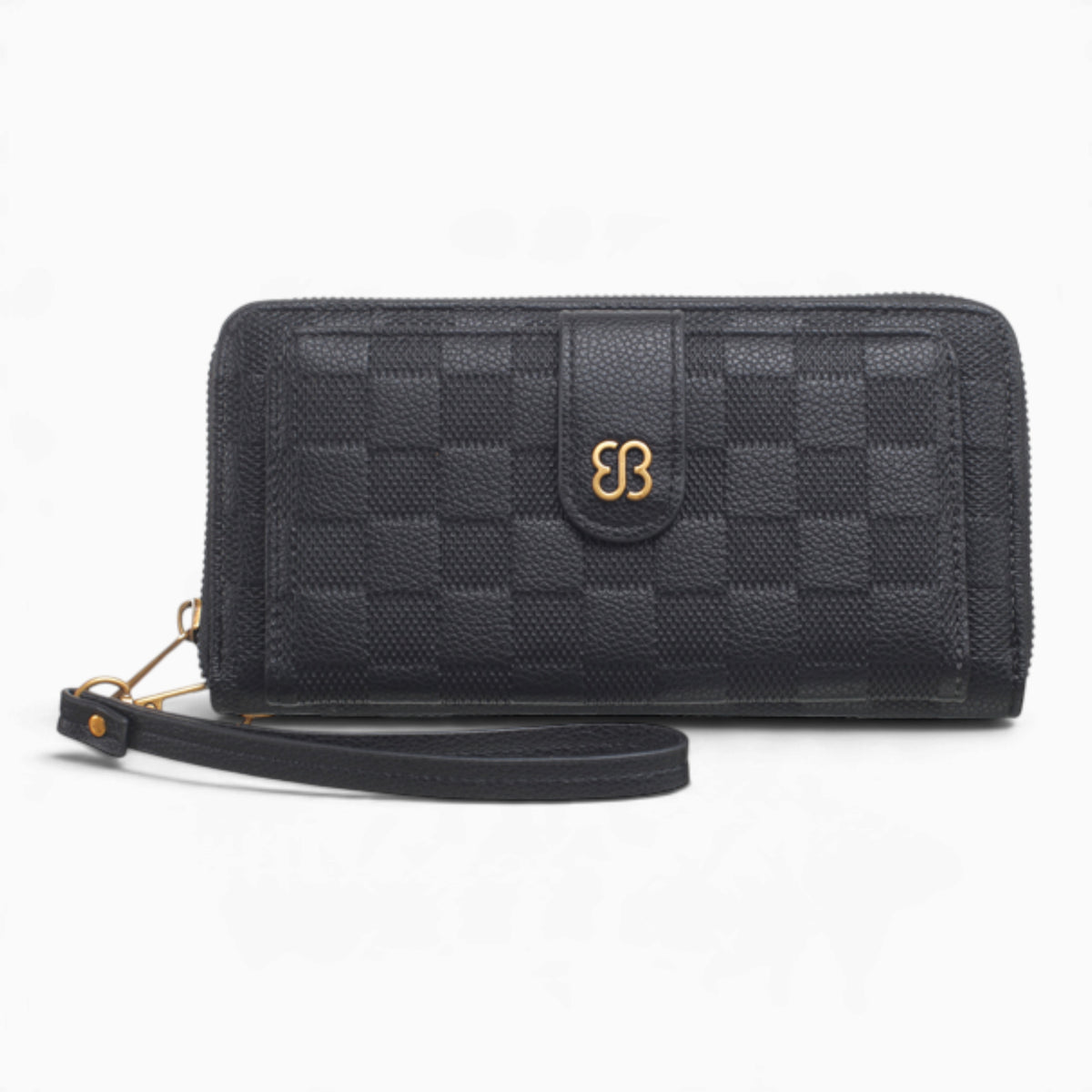 Black checkerboard flap wallet with an embossed checkerboard and wrist strap