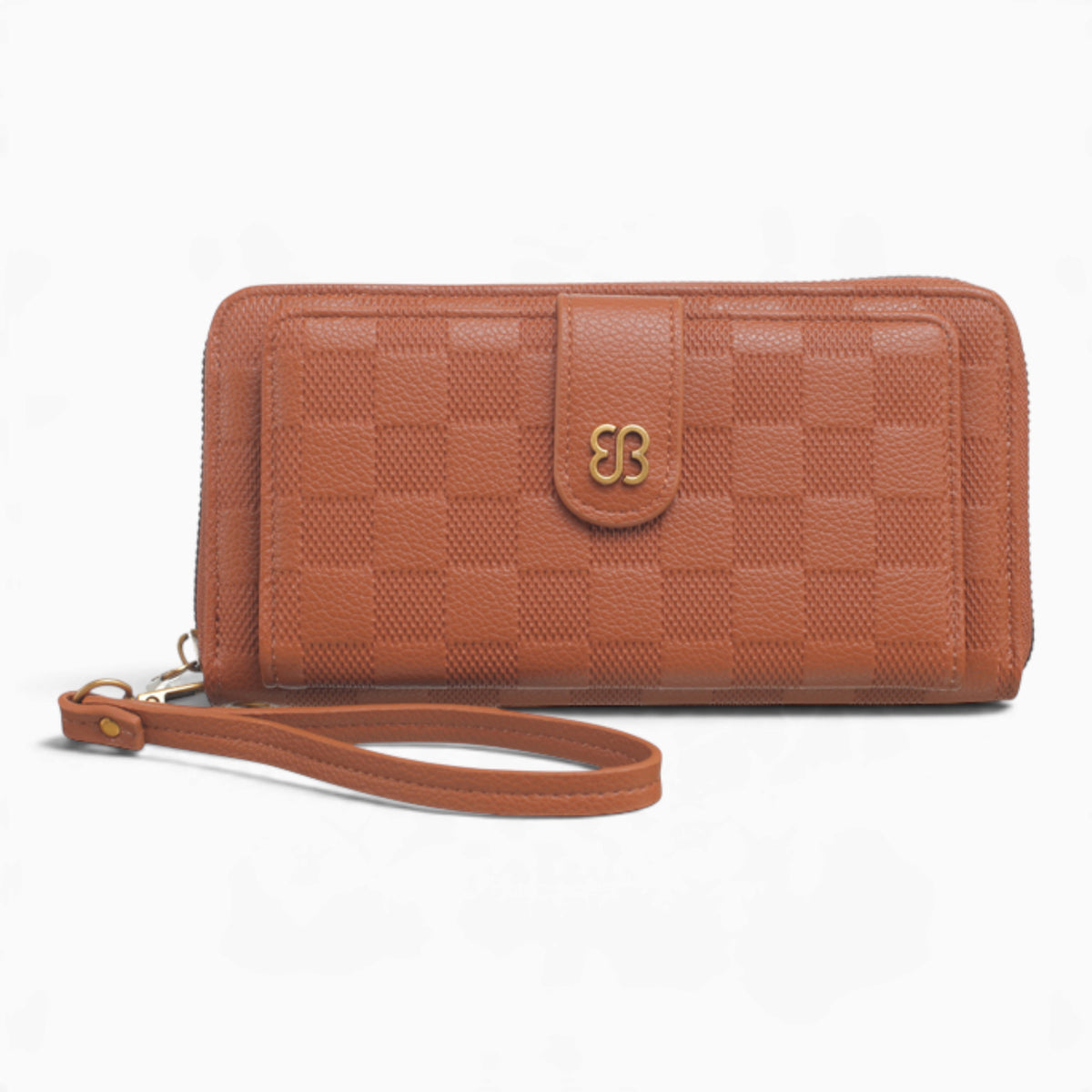Tan checkerboard flap wallet with an embossed checkerboard and wrist strap