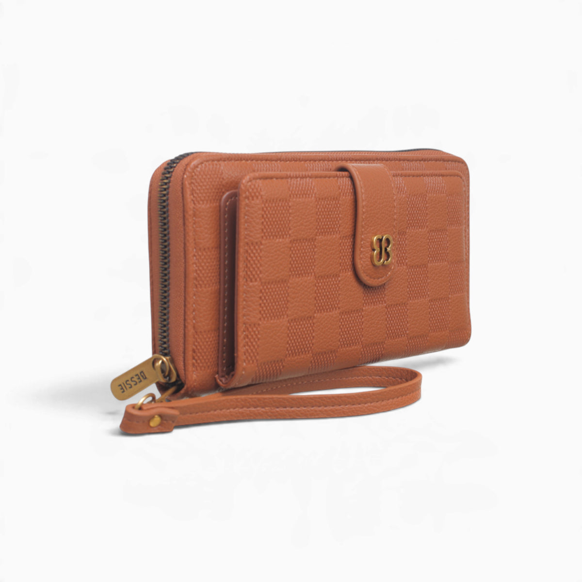 Tan checkerboard flap wallet, angled view showing the flap front and wrist strap