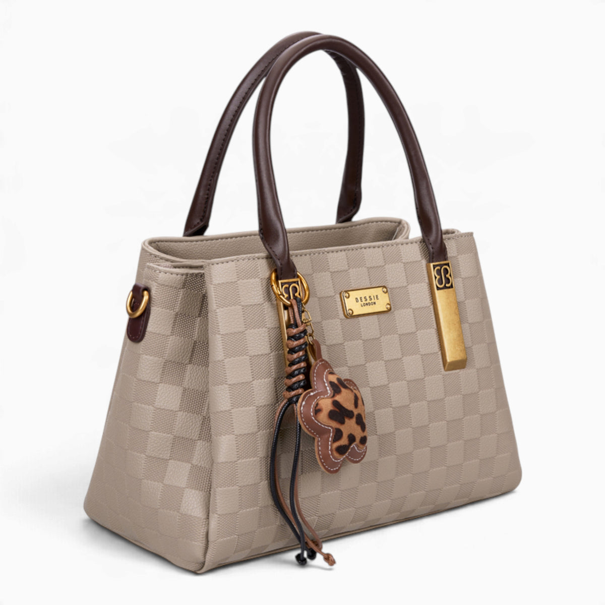 Taupe checkerboard tote bag, angled view showing the checkerboard pattern and charm