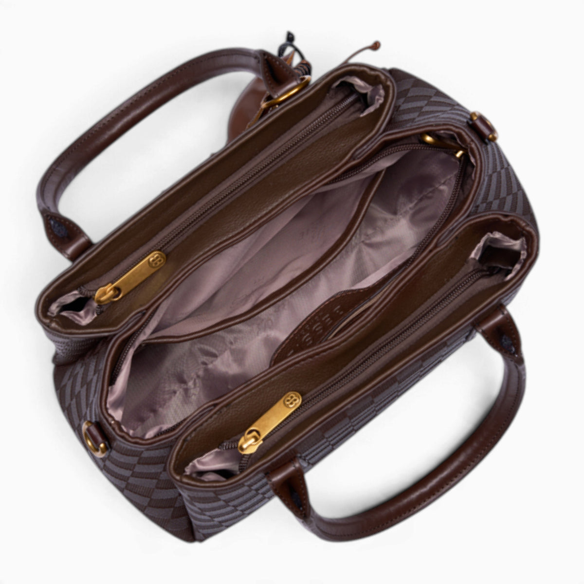 Coffee checkerboard tote bag opened to show the three zipped middle compartments