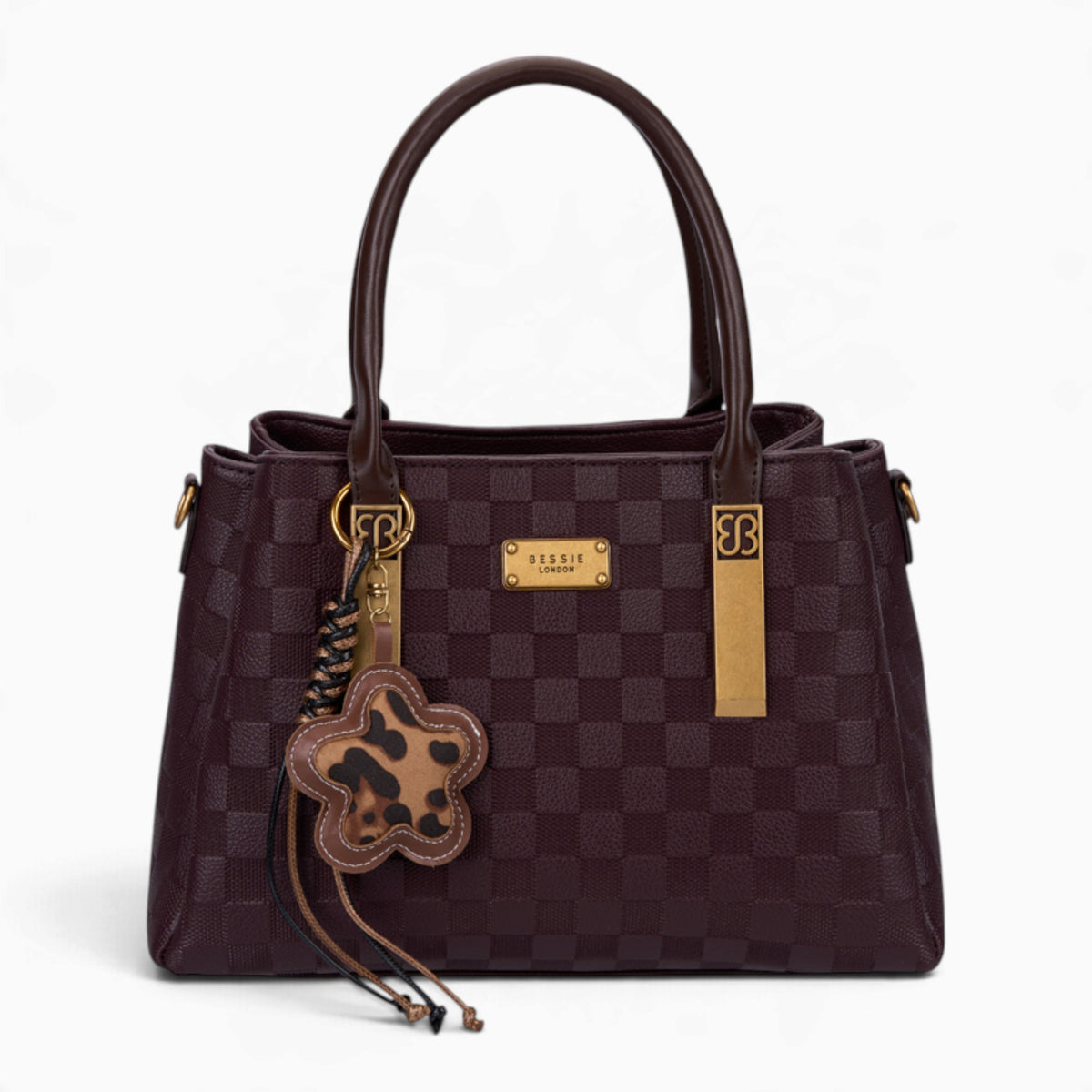 Wine checkerboard tote bag with a charm and gold-tone hardware