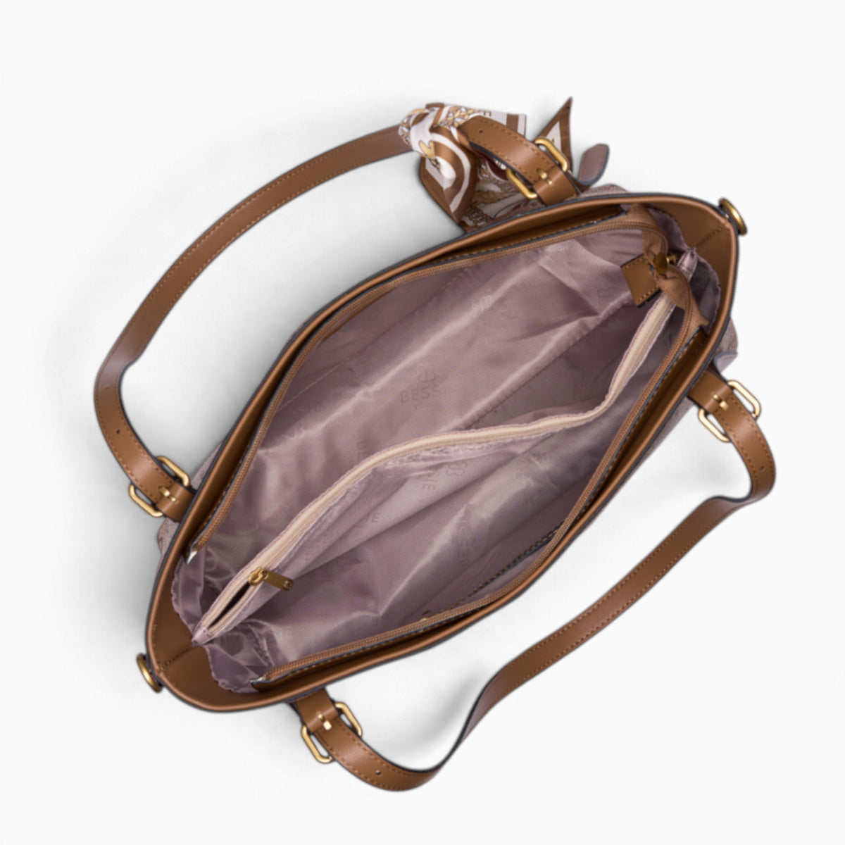 Khaki monogram shoulder bag opened to show the middle compartment divided into three