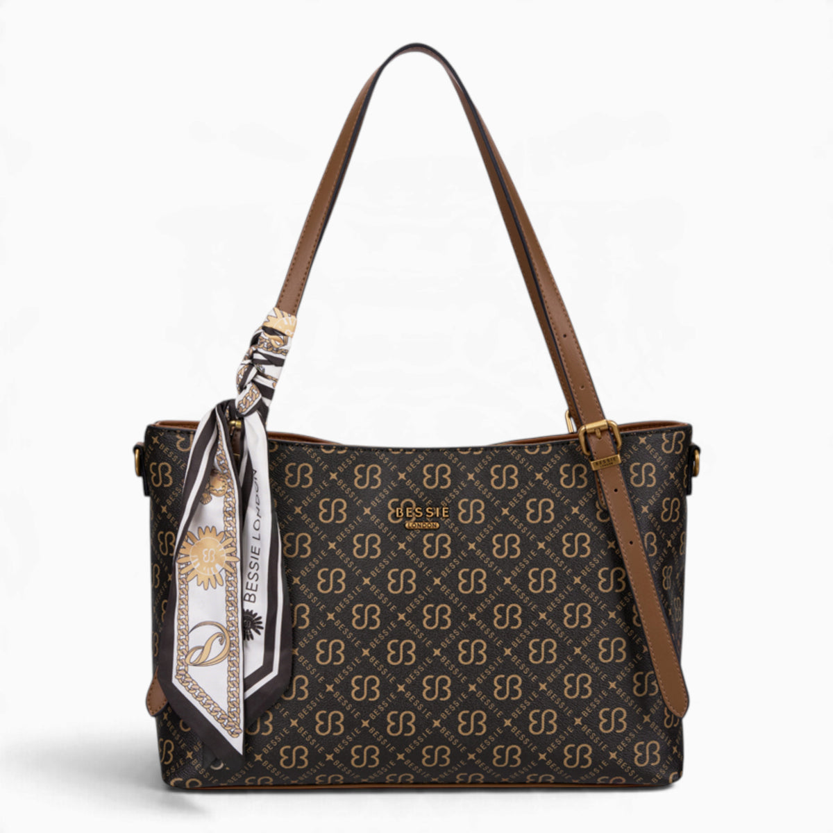 Coffee monogram shoulder bag with long handles and a scarf accent