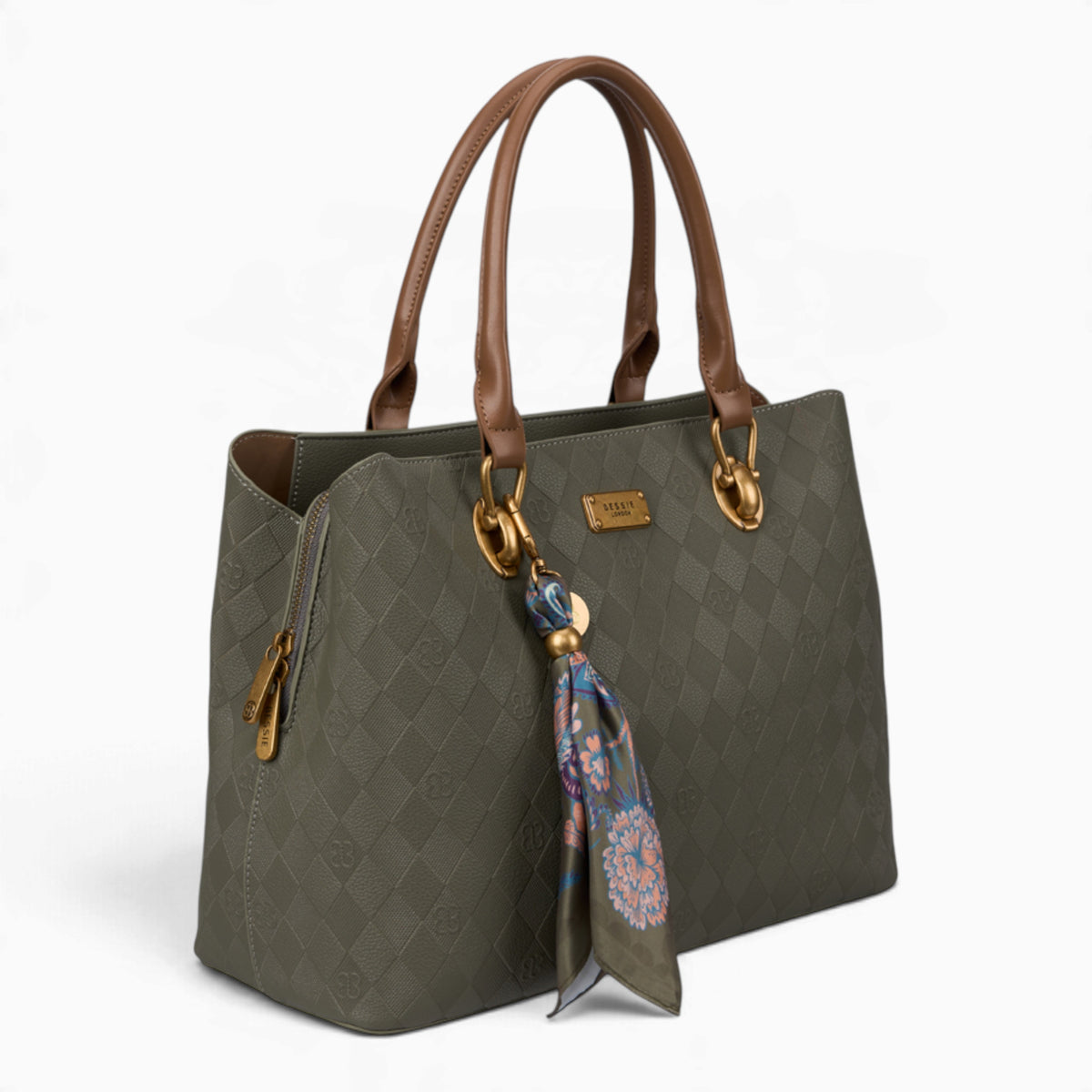 Green monogram tote bag, angled view showing the monogram print and scarf