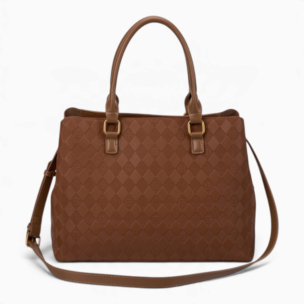 Tan monogram tote bag with its detachable shoulder strap attached