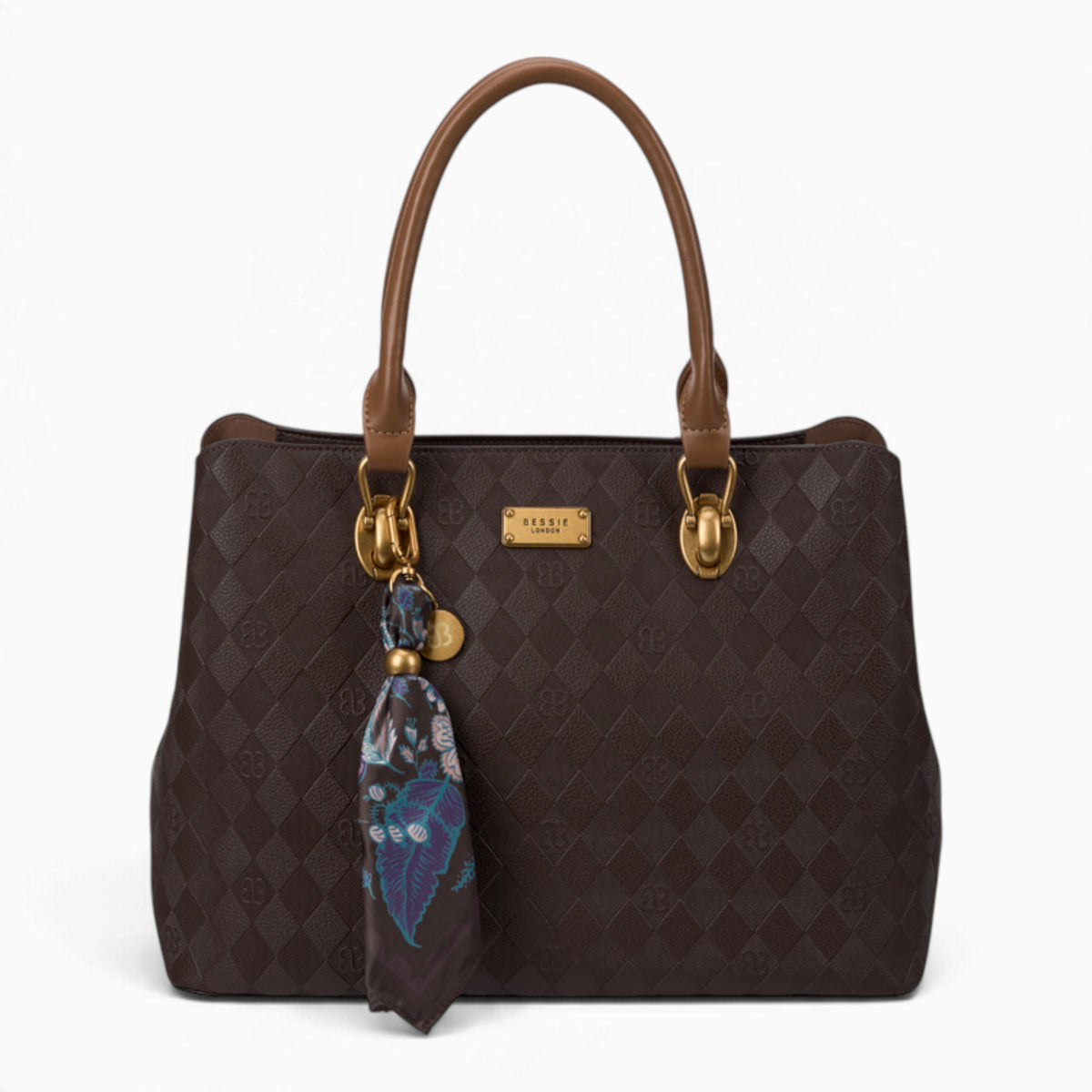 Coffee monogram tote bag with a printed scarf accent