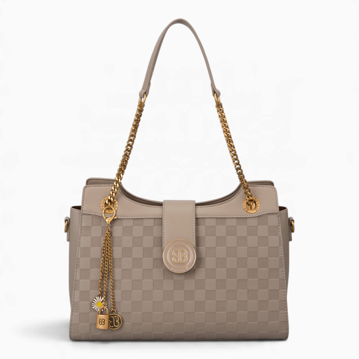 Taupe checkerboard shoulder bag with a flap-over front, chain and charm