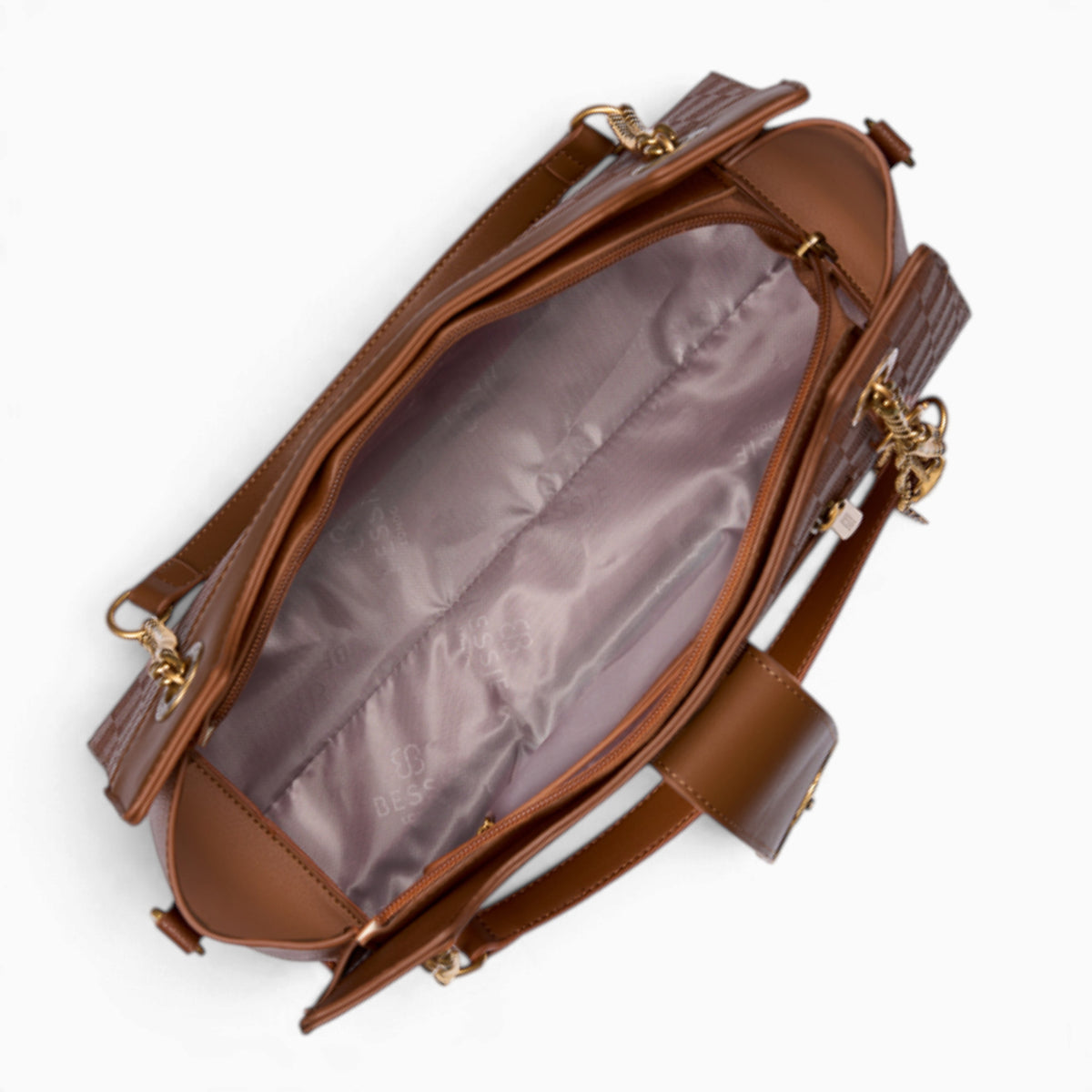 Tan checkerboard shoulder bag opened to show the main compartment under the flap