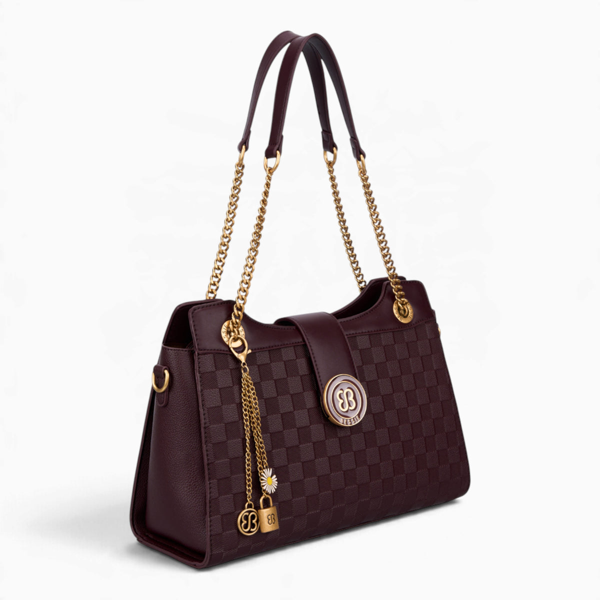 Wine checkerboard shoulder bag, angled view showing the flap front and chain detail