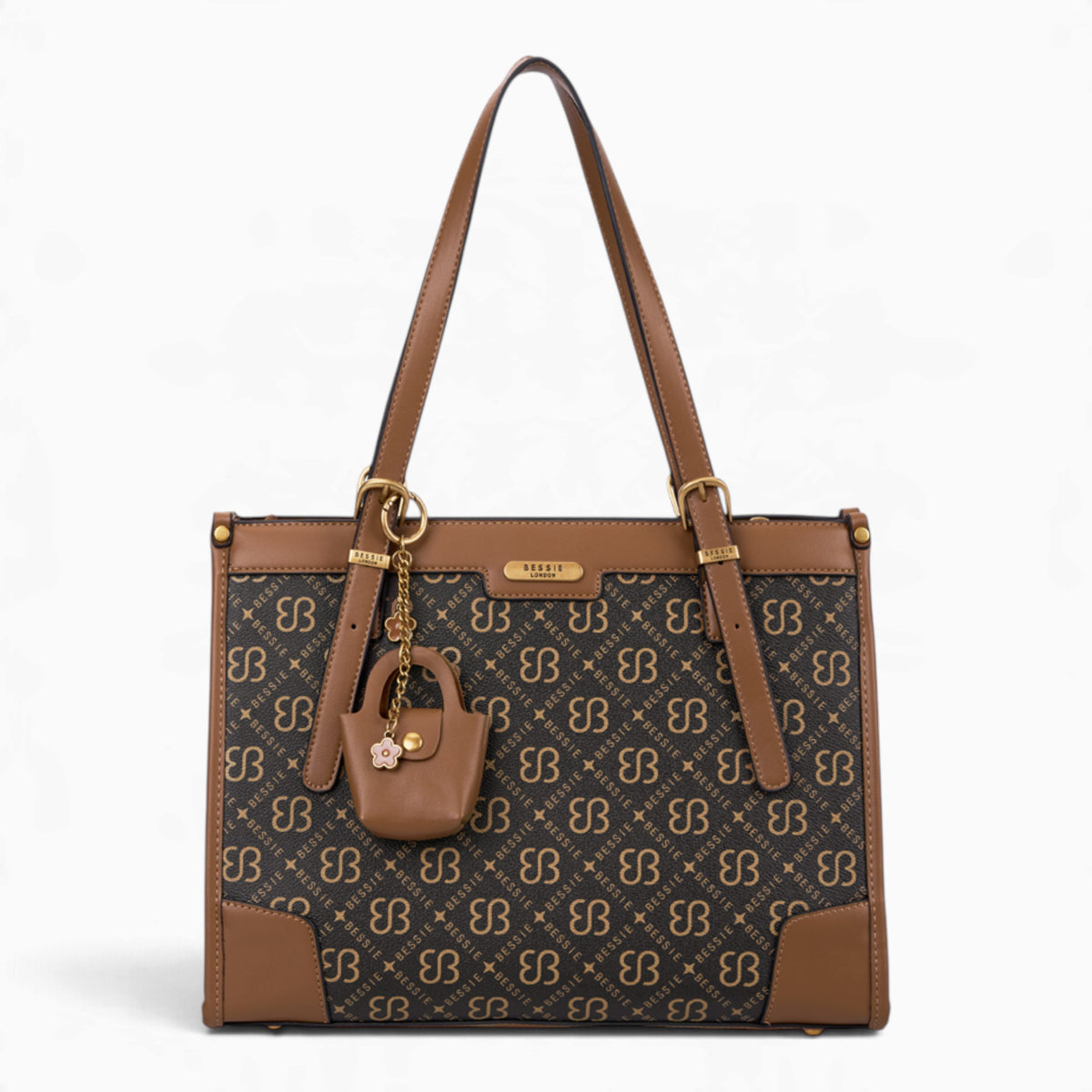 Tan monogram shoulder bag with a charm and top handles