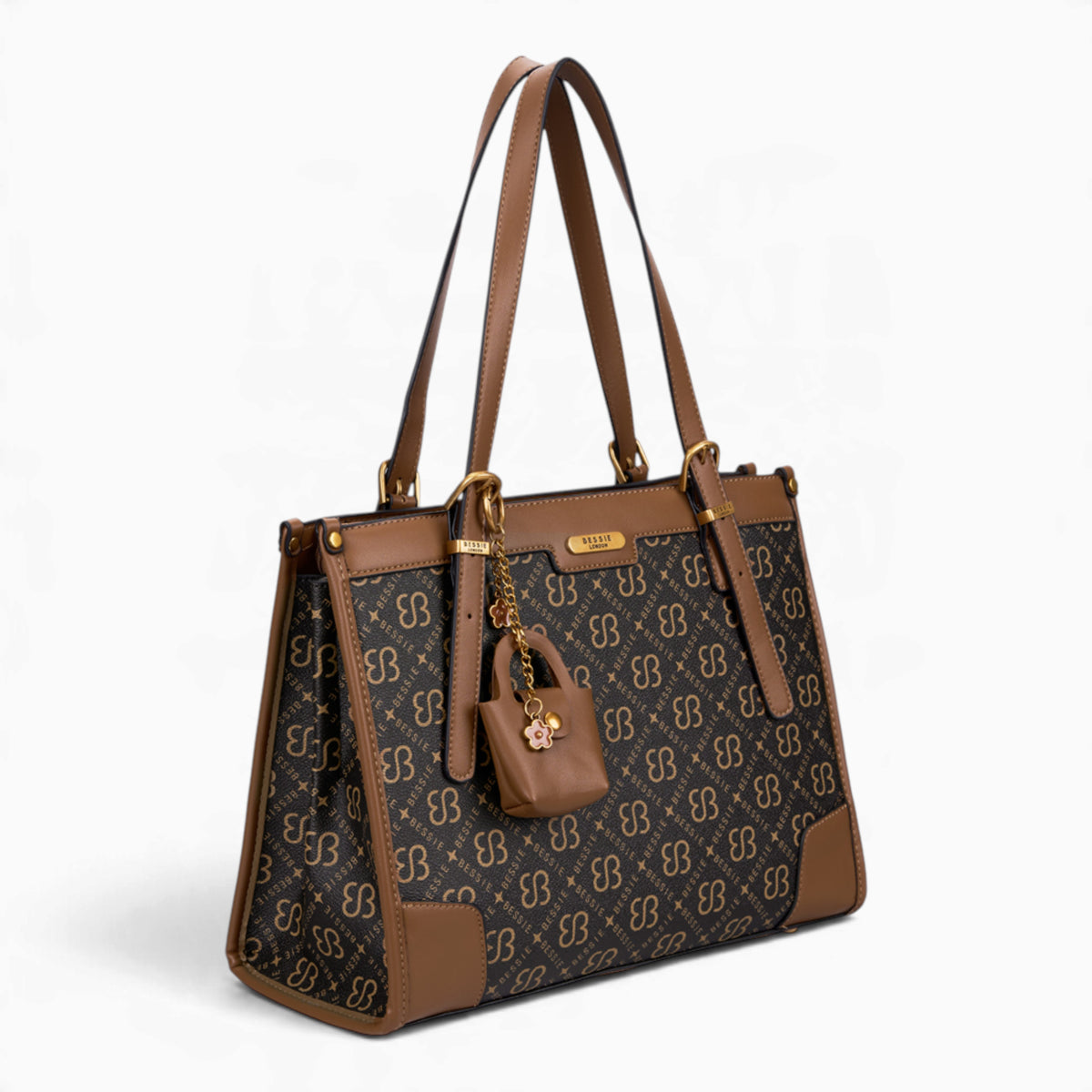 Tan monogram shoulder bag, angled view showing the monogram print and charm from the other side