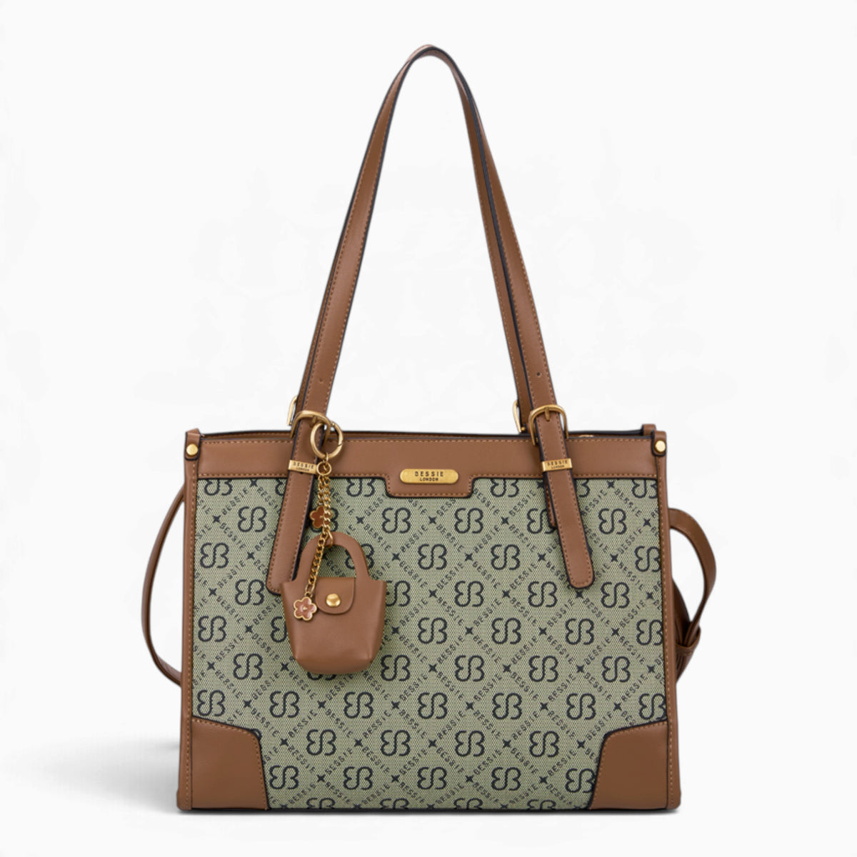 Grey monogram shoulder bag with a charm and top handles