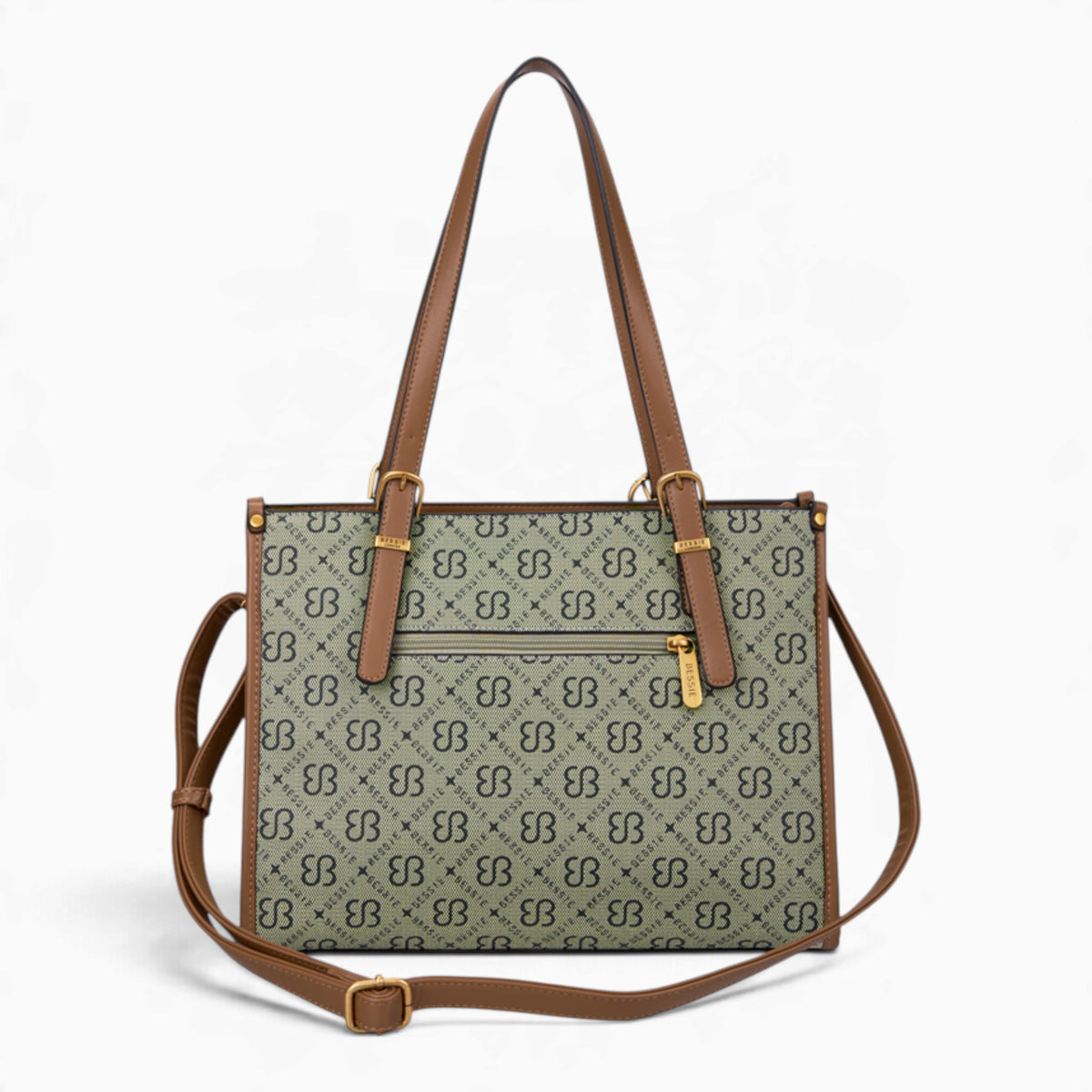 Grey monogram shoulder bag from the back, showing the back zip pocket