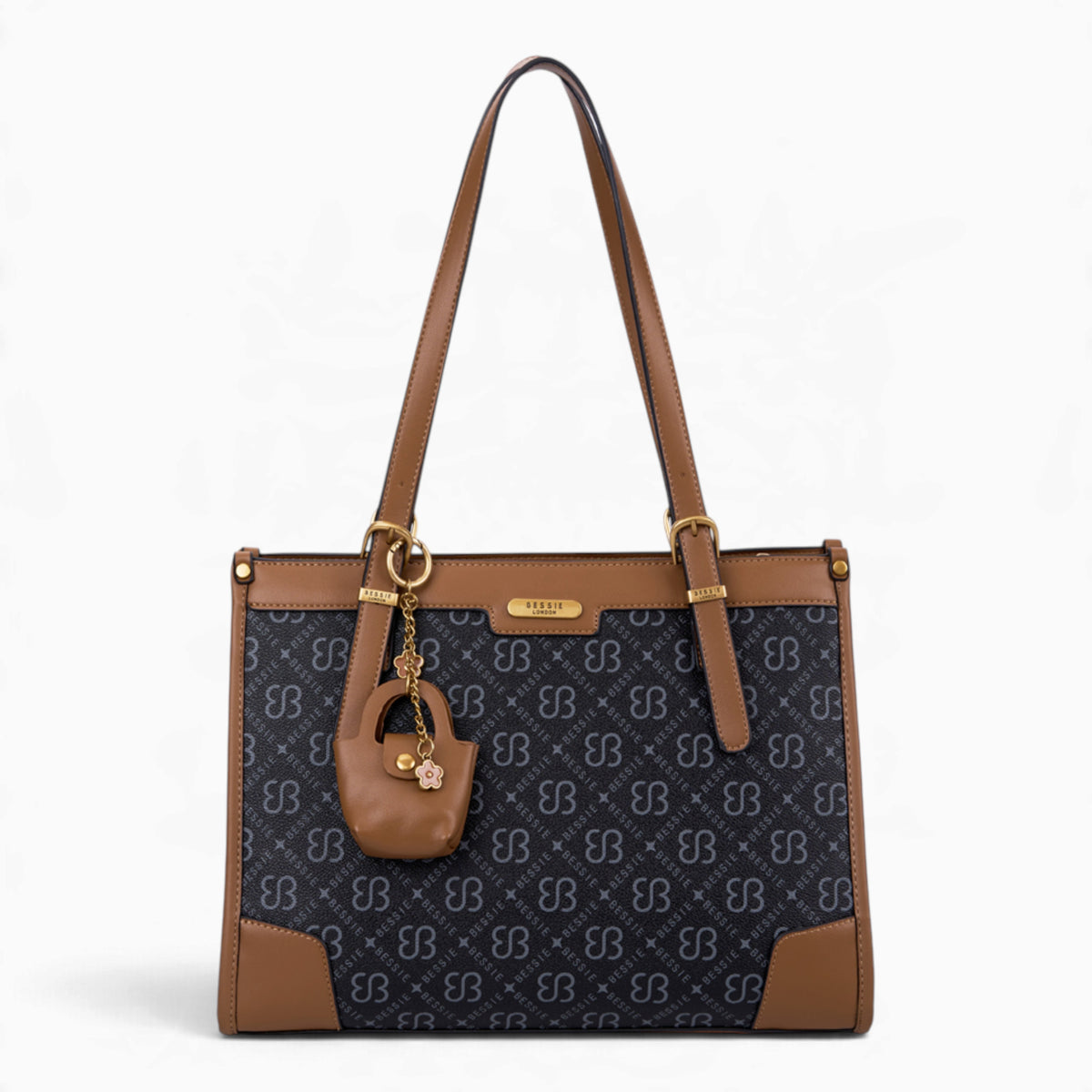 Black monogram shoulder bag with a charm and top handles